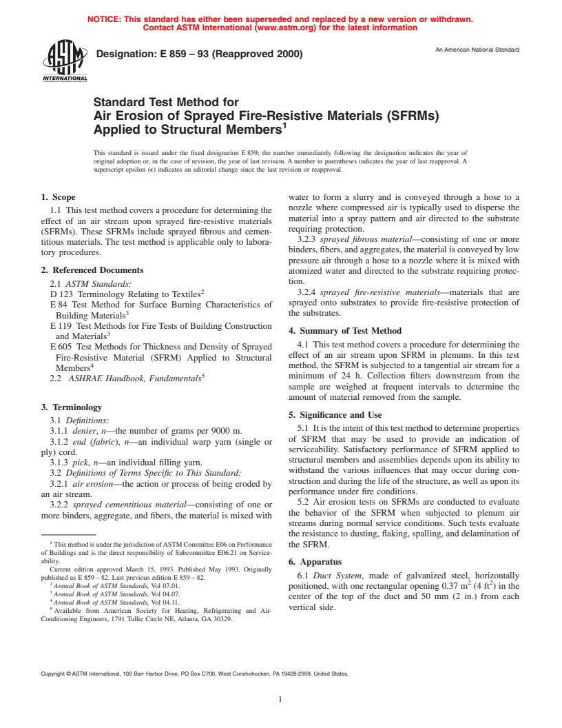 ASTM E859-93(2000) - Standard Test Method for Air Erosion of Sprayed Fire-Resistive Materials (SFRMs) Applied to Structural Members