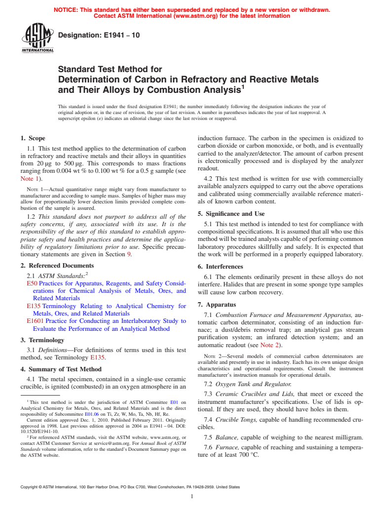 ASTM E1941-10 - Standard Test Method for Determination of Carbon in Refractory and Reactive Metals and Their Alloys  by Combustion Analysis