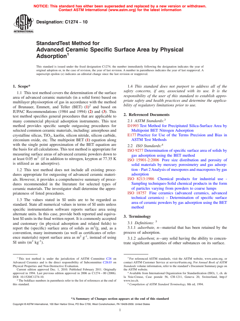 ASTM C1274-10 - Standard Test Method for Advanced Ceramic Specific Surface Area by Physical Adsorption