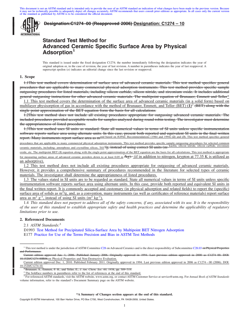 REDLINE ASTM C1274-10 - Standard Test Method for Advanced Ceramic Specific Surface Area by Physical Adsorption