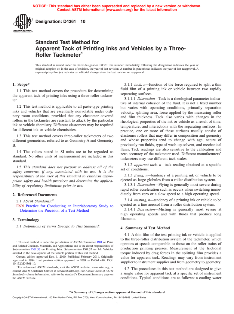 ASTM D4361-10 - Standard Test Method for Apparent Tack of Printing Inks and Vehicles by a Three-Roller Tackmeter (Withdrawn 2019)