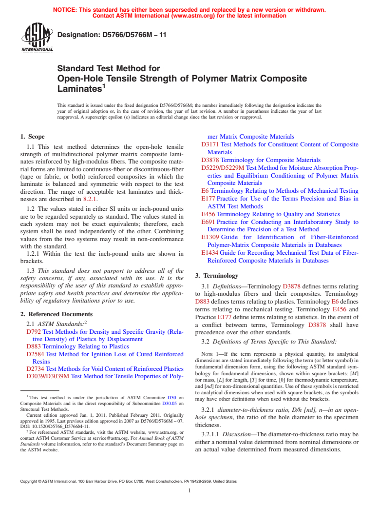 ASTM D5766/D5766M-11 - Standard Test Method for Open-Hole Tensile Strength of Polymer Matrix Composite Laminates