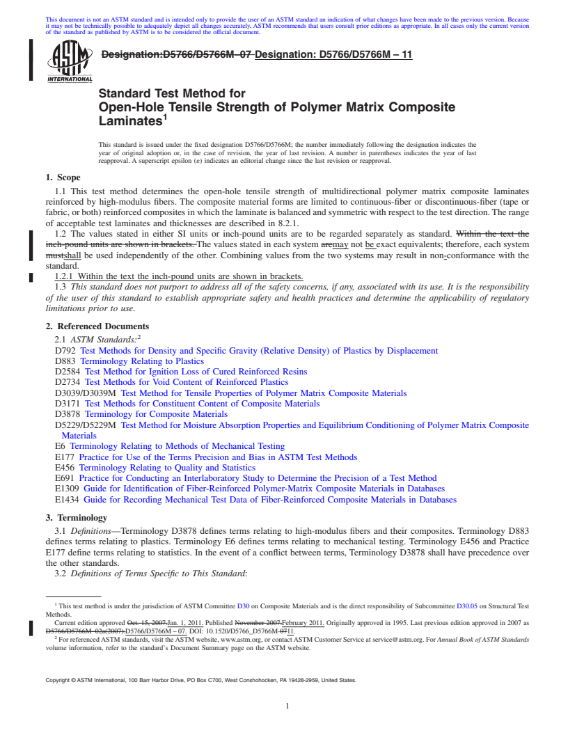 REDLINE ASTM D5766/D5766M-11 - Standard Test Method for Open-Hole Tensile Strength of Polymer Matrix Composite Laminates