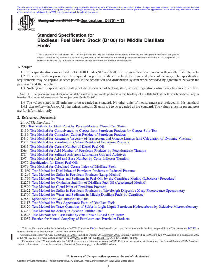 REDLINE ASTM D6751-11 - Standard Specification for Biodiesel Fuel Blend Stock (B100) for Middle Distillate Fuels