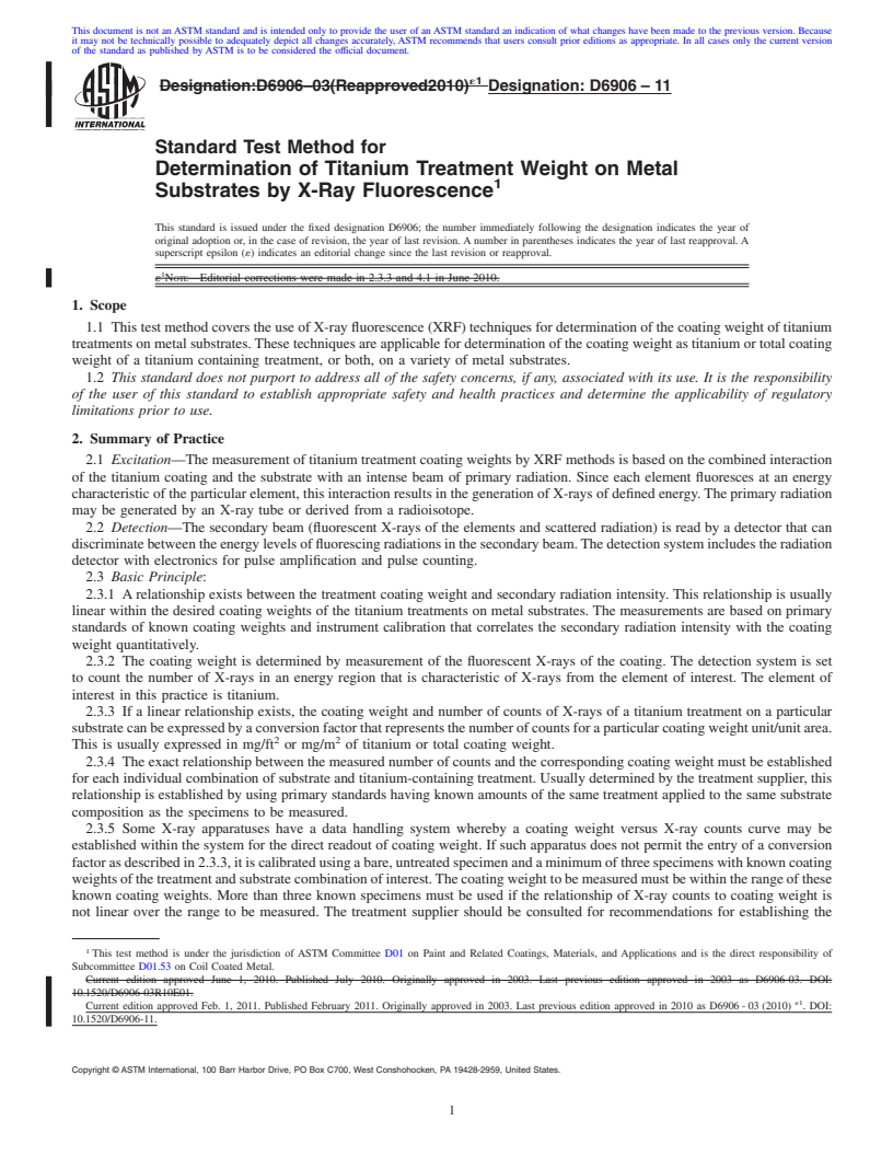 REDLINE ASTM D6906-11 - Standard Test Method for Determination of Titanium Treatment Weight on Metal Substrates by X-Ray Fluorescence