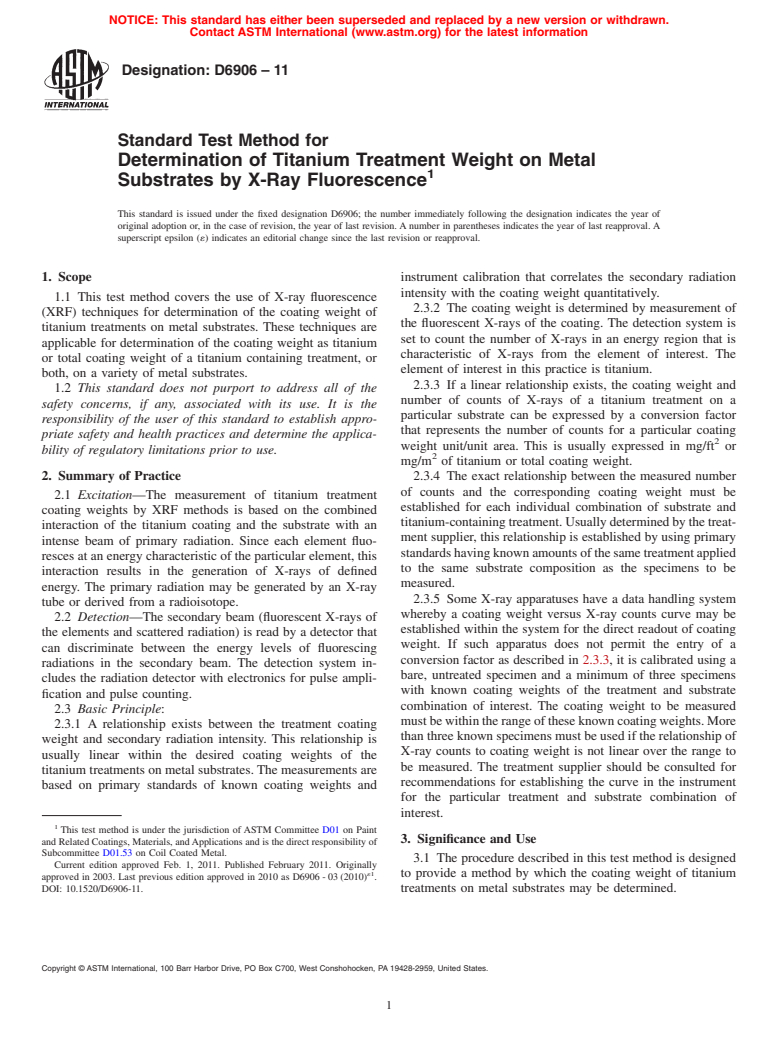 ASTM D6906-11 - Standard Test Method for Determination of Titanium Treatment Weight on Metal Substrates by X-Ray Fluorescence