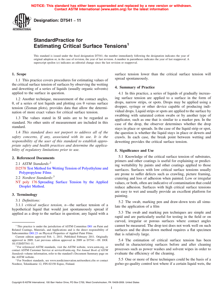 ASTM D7541-11 - Standard Practice for Estimating Critical Surface Tensions