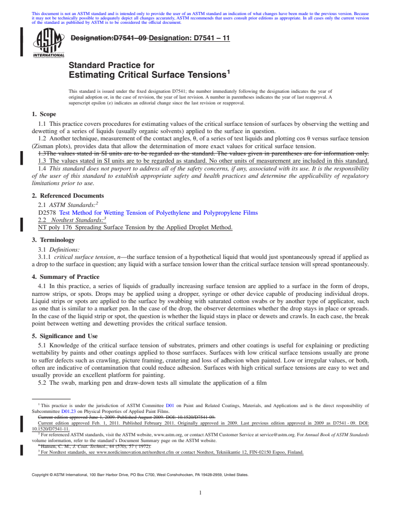 REDLINE ASTM D7541-11 - Standard Practice for Estimating Critical Surface Tensions