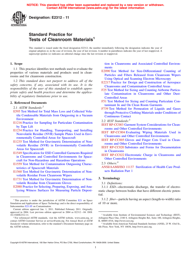 ASTM E2312-11 - Standard Practice for Tests of Cleanroom Materials