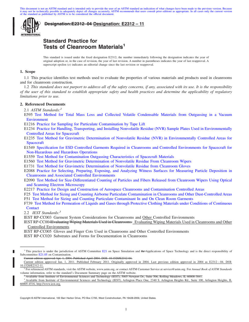 REDLINE ASTM E2312-11 - Standard Practice for Tests of Cleanroom Materials