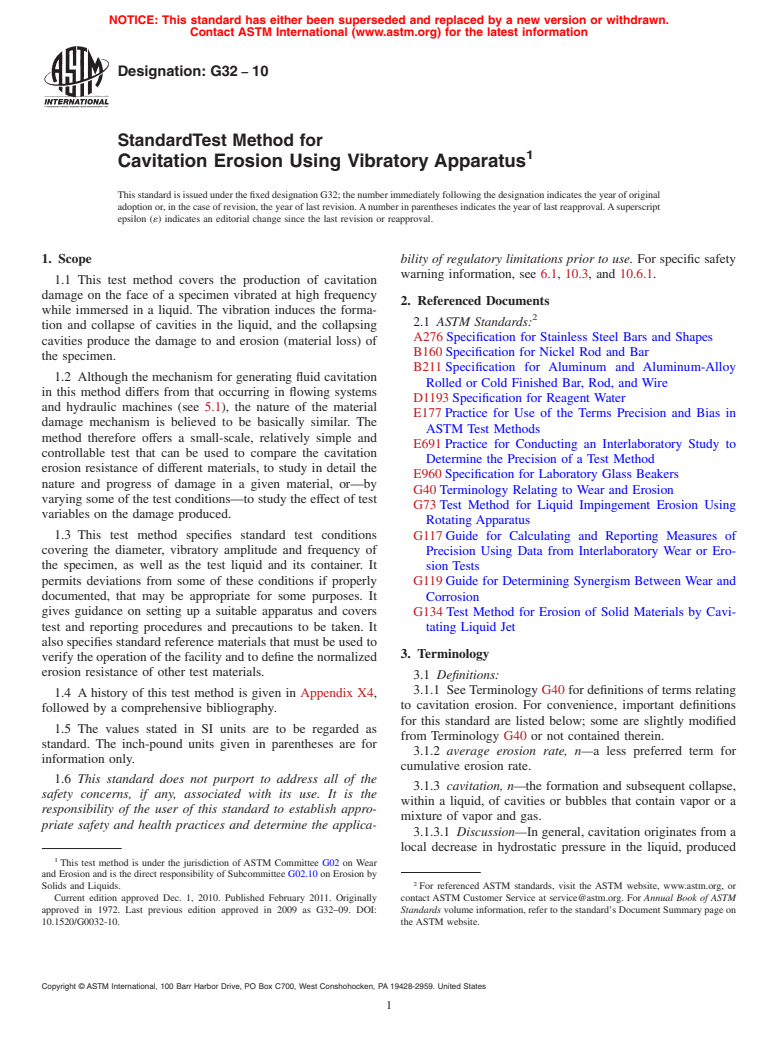 ASTM G32-10 - Standard Test Method for Cavitation Erosion Using Vibratory Apparatus
