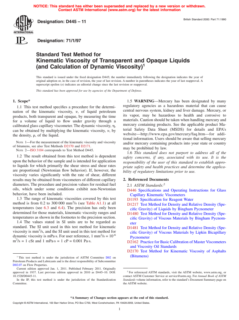 ASTM D445-11 - Standard Test Method for Kinematic Viscosity of Transparent and Opaque Liquids (and Calculation of Dynamic Viscosity)