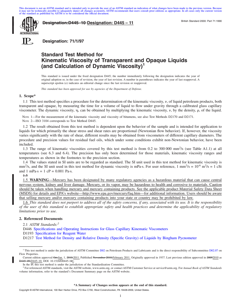 REDLINE ASTM D445-11 - Standard Test Method for Kinematic Viscosity of Transparent and Opaque Liquids (and Calculation of Dynamic Viscosity)