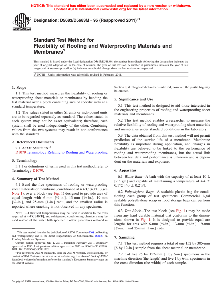 ASTM D5683/D5683M-95(2011)e1 - Standard Test Method for Flexibility of Roofing and Waterproofing Materials and Membranes