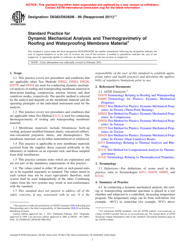 ASTM D6382/D6382M-99(2011)e1 - Standard Practice for Dynamic Mechanical Analysis and Thermogravimetry of Roofing and Waterproofing Membrane Material