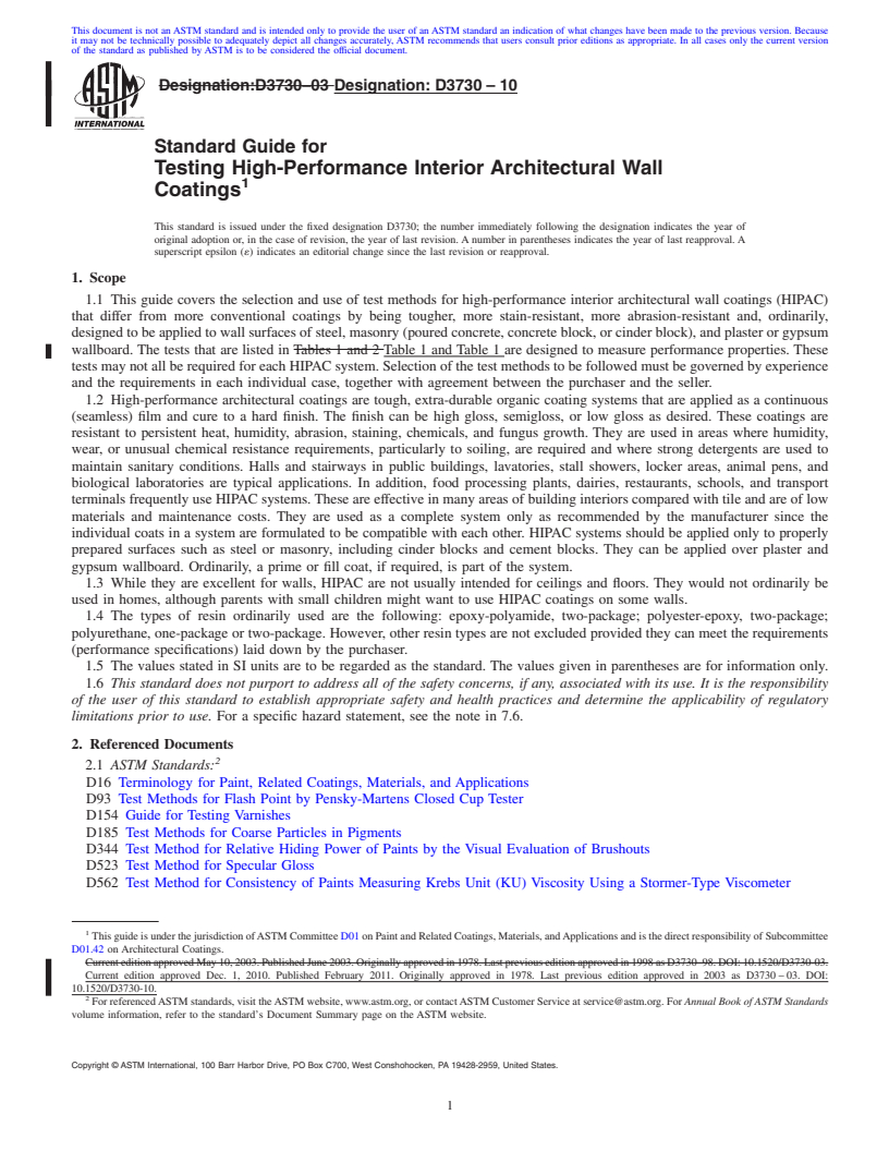 REDLINE ASTM D3730-10 - Standard Guide for Testing High-Performance Interior Architectural Wall Coatings