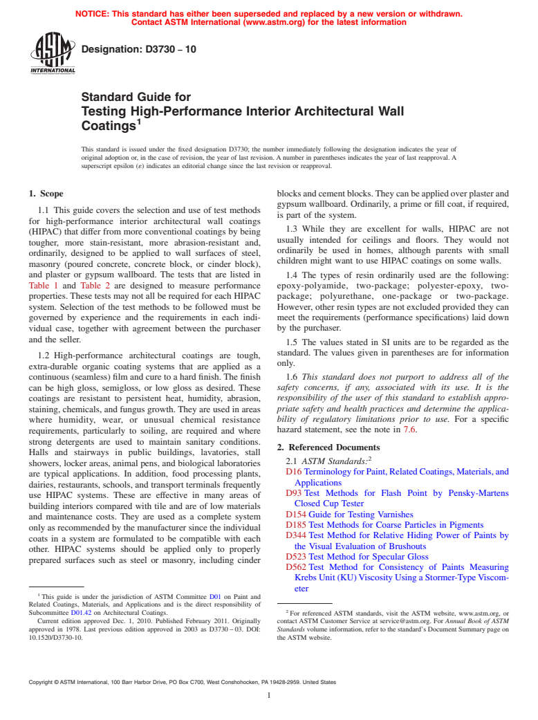 ASTM D3730-10 - Standard Guide for Testing High-Performance Interior Architectural Wall Coatings