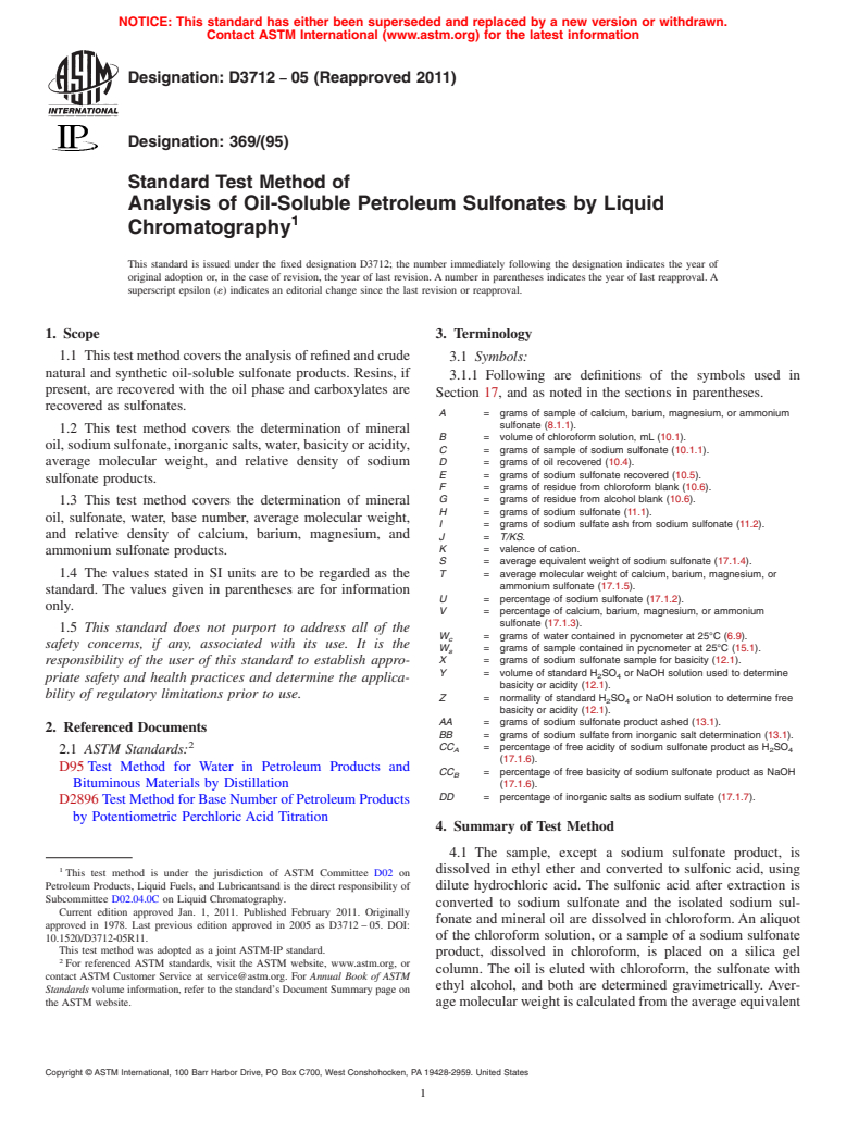 ASTM D3712-05(2011) - Standard Test Method of Analysis of Oil-Soluble Petroleum Sulfonates by Liquid Chromatography