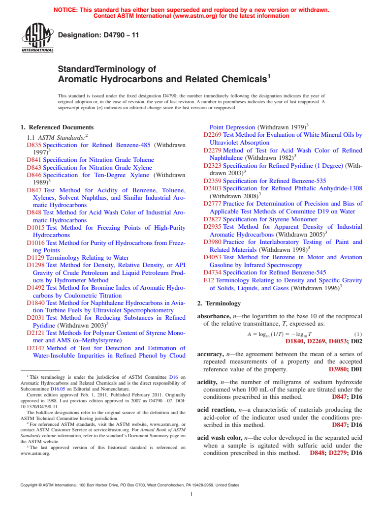 ASTM D4790-11 - Standard Terminology of Aromatic Hydrocarbons and Related Chemicals