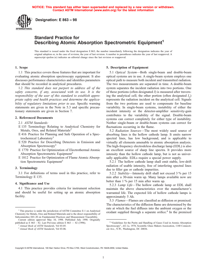 ASTM E863-98 - Standard Practice for Describing Flame Atomic Absorption Spectroscopy Equipment