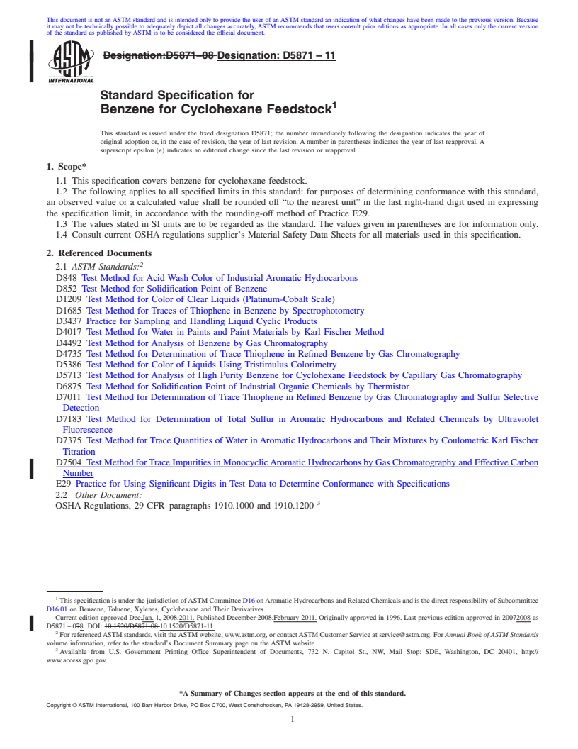 REDLINE ASTM D5871-11 - Standard Specification for Benzene for Cyclohexane Feedstock