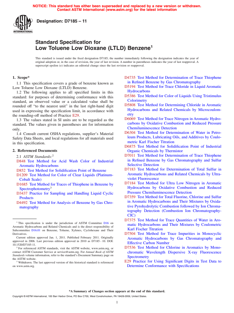 ASTM D7185-11 - Standard Specification for Low Toluene Low Dioxane (LTLD) Benzene