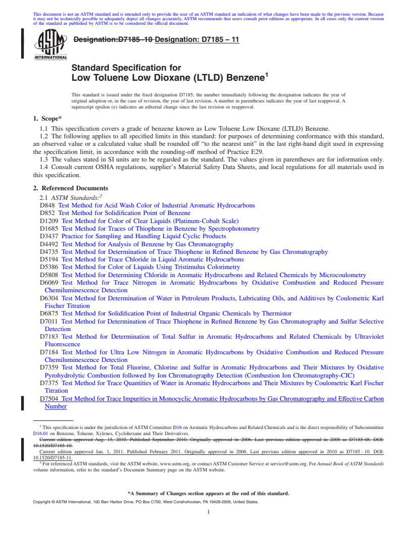 REDLINE ASTM D7185-11 - Standard Specification for Low Toluene Low Dioxane (LTLD) Benzene