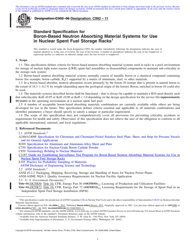 REDLINE ASTM C992-11 - Standard Specification for Boron-Based Neutron Absorbing Material Systems for Use in Nuclear Spent Fuel Storage Racks