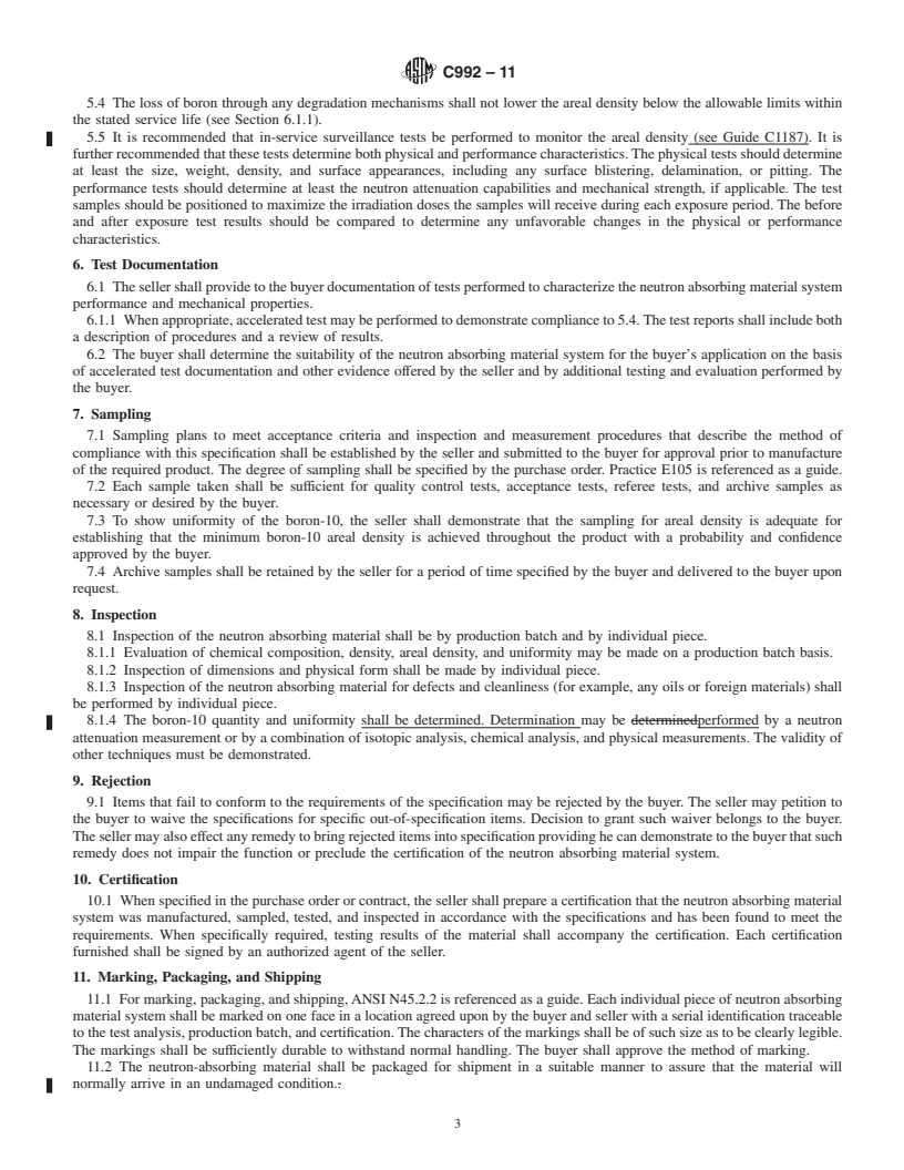 REDLINE ASTM C992-11 - Standard Specification for Boron-Based Neutron Absorbing Material Systems for Use in Nuclear Spent Fuel Storage Racks