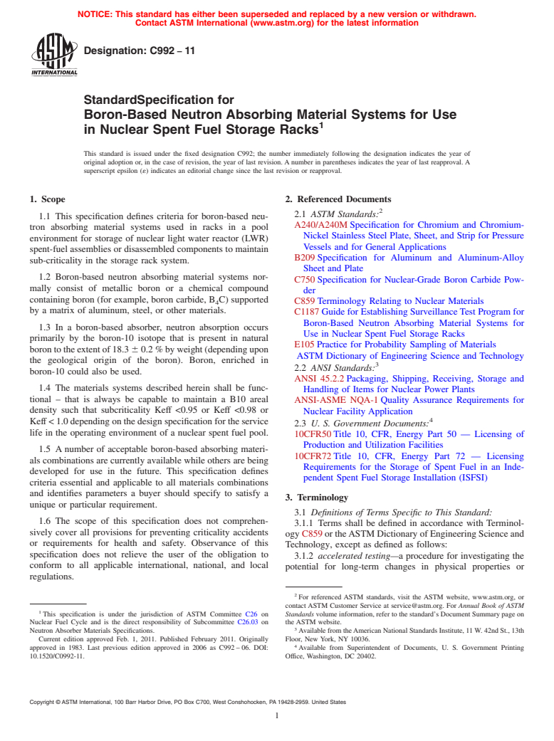 ASTM C992-11 - Standard Specification for Boron-Based Neutron Absorbing Material Systems for Use in Nuclear Spent Fuel Storage Racks