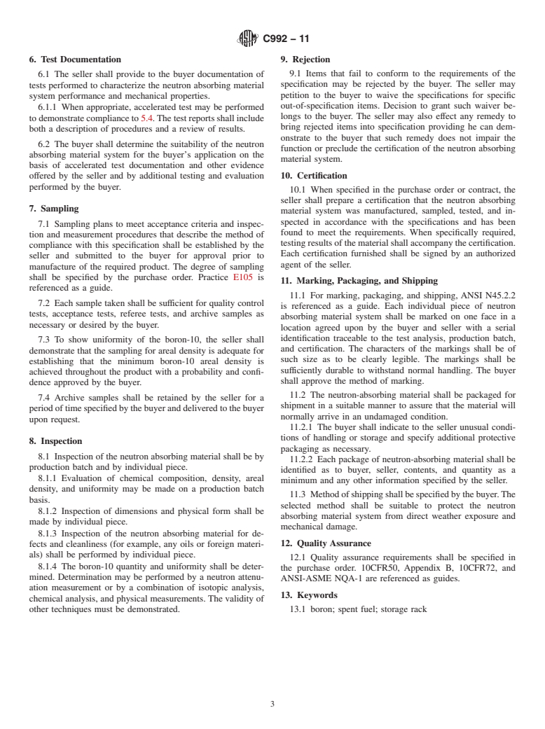 ASTM C992-11 - Standard Specification for Boron-Based Neutron Absorbing Material Systems for Use in Nuclear Spent Fuel Storage Racks