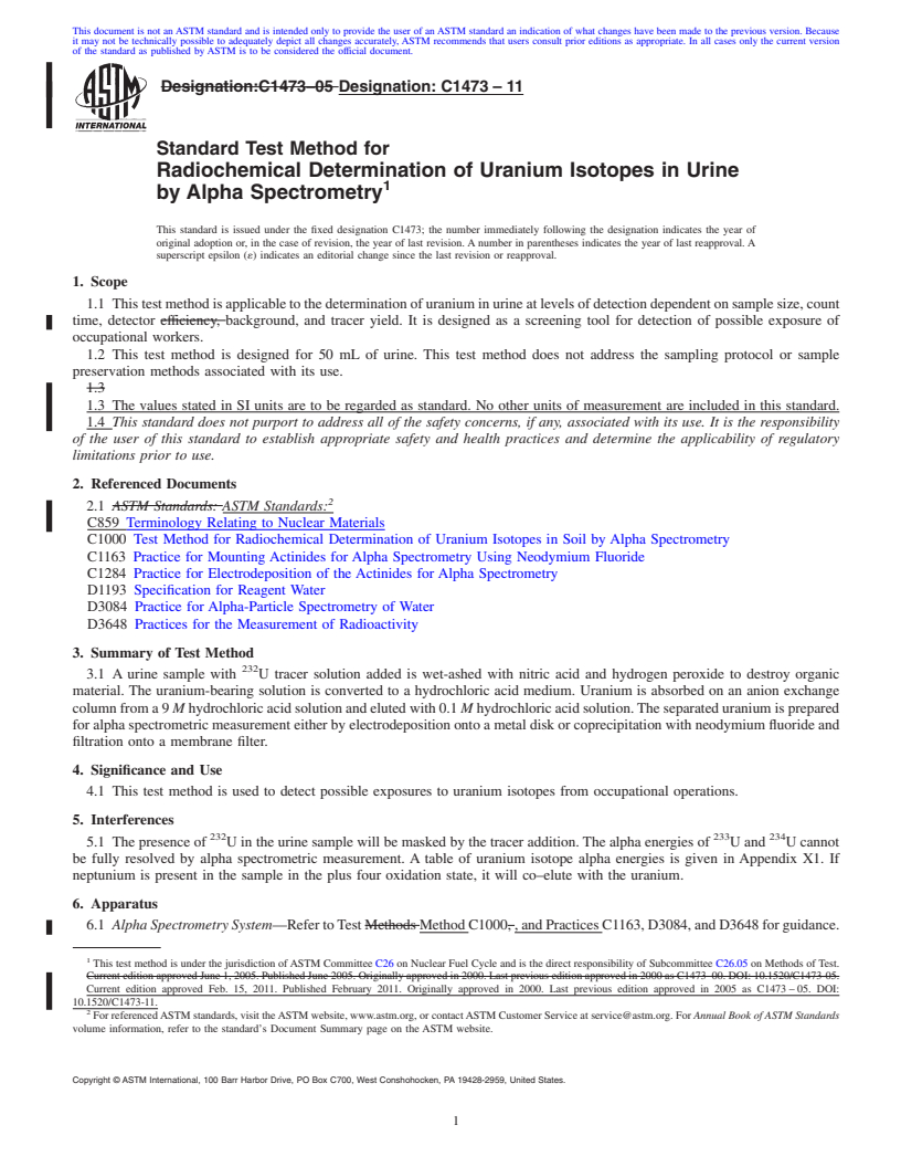 REDLINE ASTM C1473-11 - Standard Test Method for Radiochemical Determination of Uranium Isotopes in Urine by Alpha Spectrometry