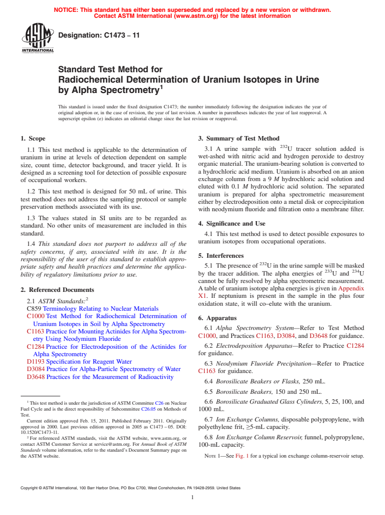 ASTM C1473-11 - Standard Test Method for Radiochemical Determination of Uranium Isotopes in Urine by Alpha Spectrometry