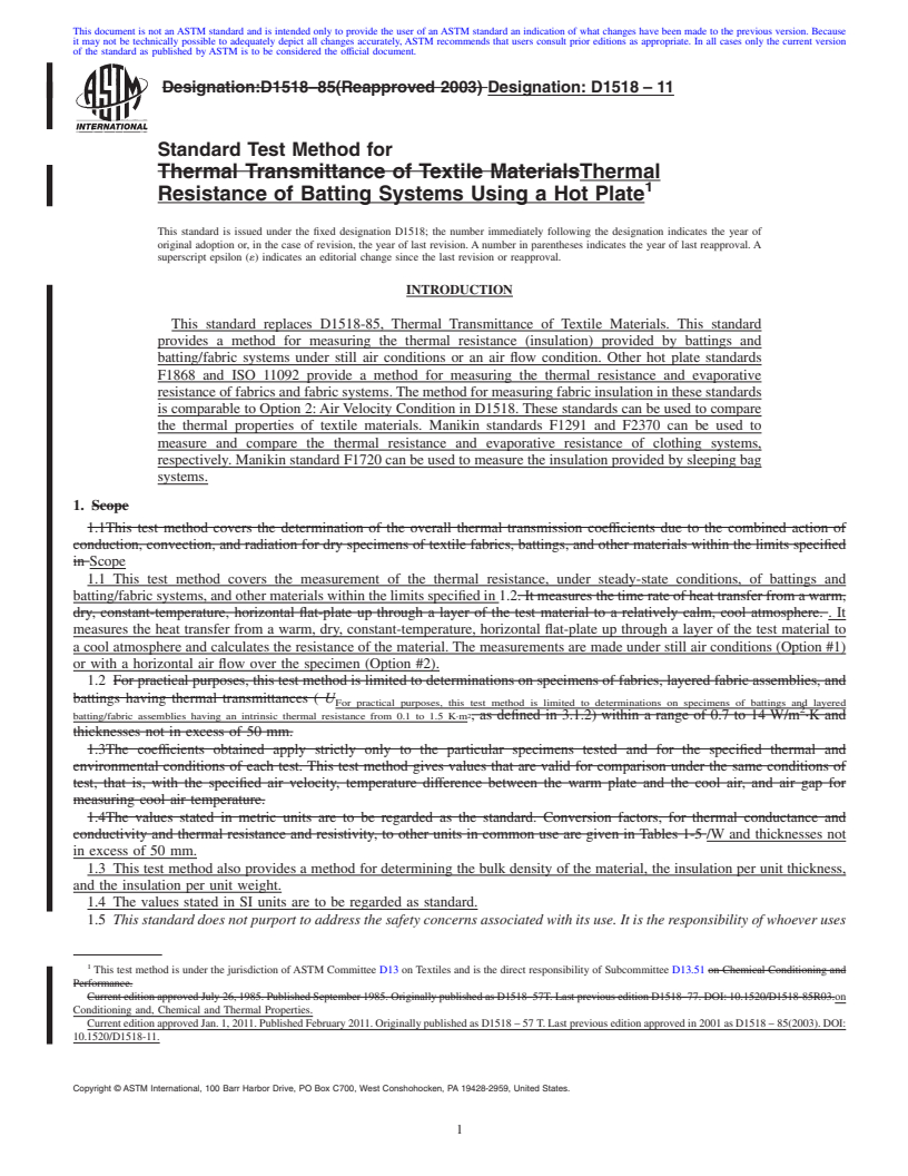 REDLINE ASTM D1518-11 - Standard Test Method for Thermal Resistance of Batting Systems Using a Hot Plate