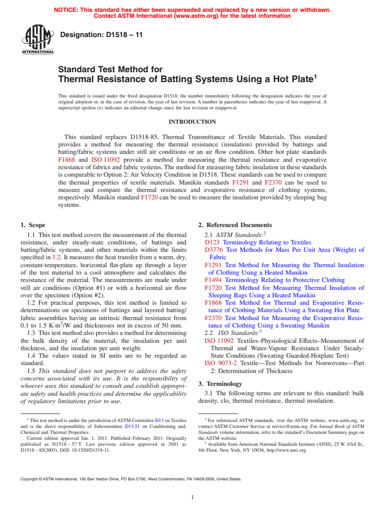 ASTM D1518-11 - Standard Test Method for Thermal Resistance of Batting Systems Using a Hot Plate