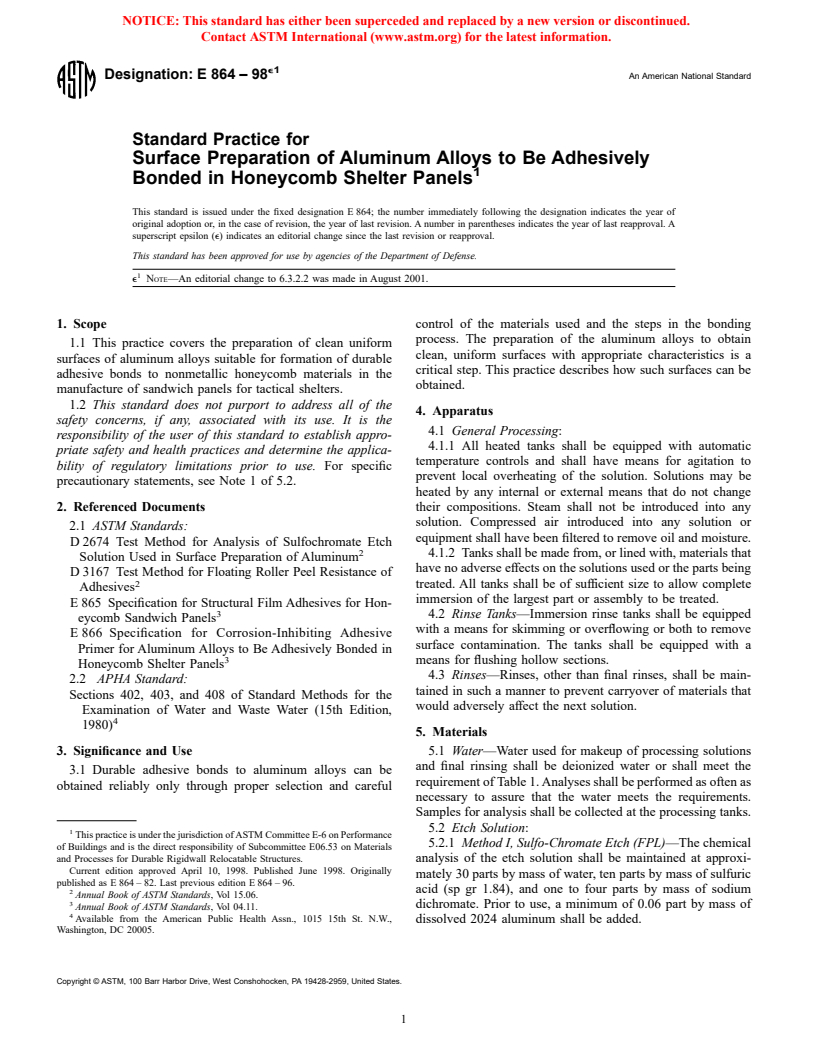 ASTM E864-98e1 - Standard Practice for Surface Preparation of Aluminum Alloys to be Adhesively Bonded in Honeycomb Shelter Panels
