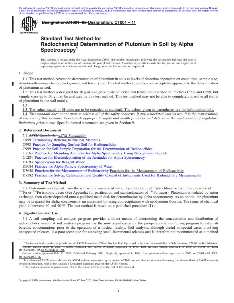 REDLINE ASTM C1001-11 - Standard Test Method for Radiochemical Determination of Plutonium in Soil by Alpha Spectroscopy