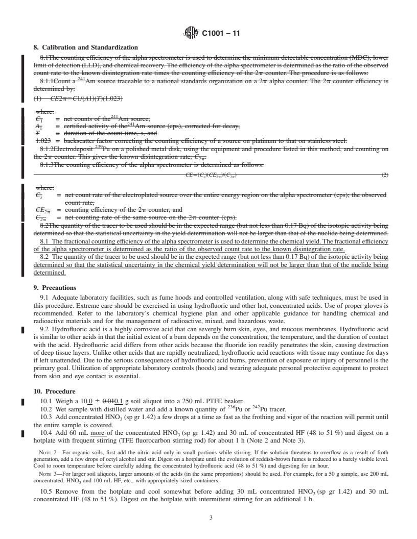 REDLINE ASTM C1001-11 - Standard Test Method for Radiochemical Determination of Plutonium in Soil by Alpha Spectroscopy