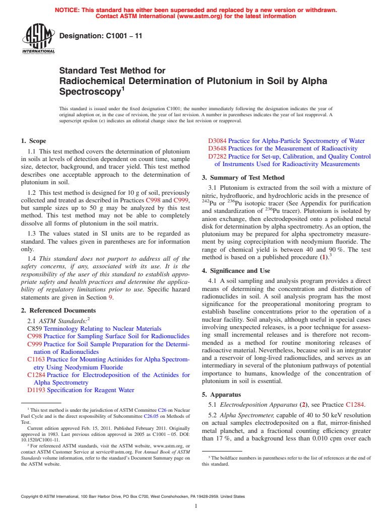 ASTM C1001-11 - Standard Test Method for Radiochemical Determination of Plutonium in Soil by Alpha Spectroscopy