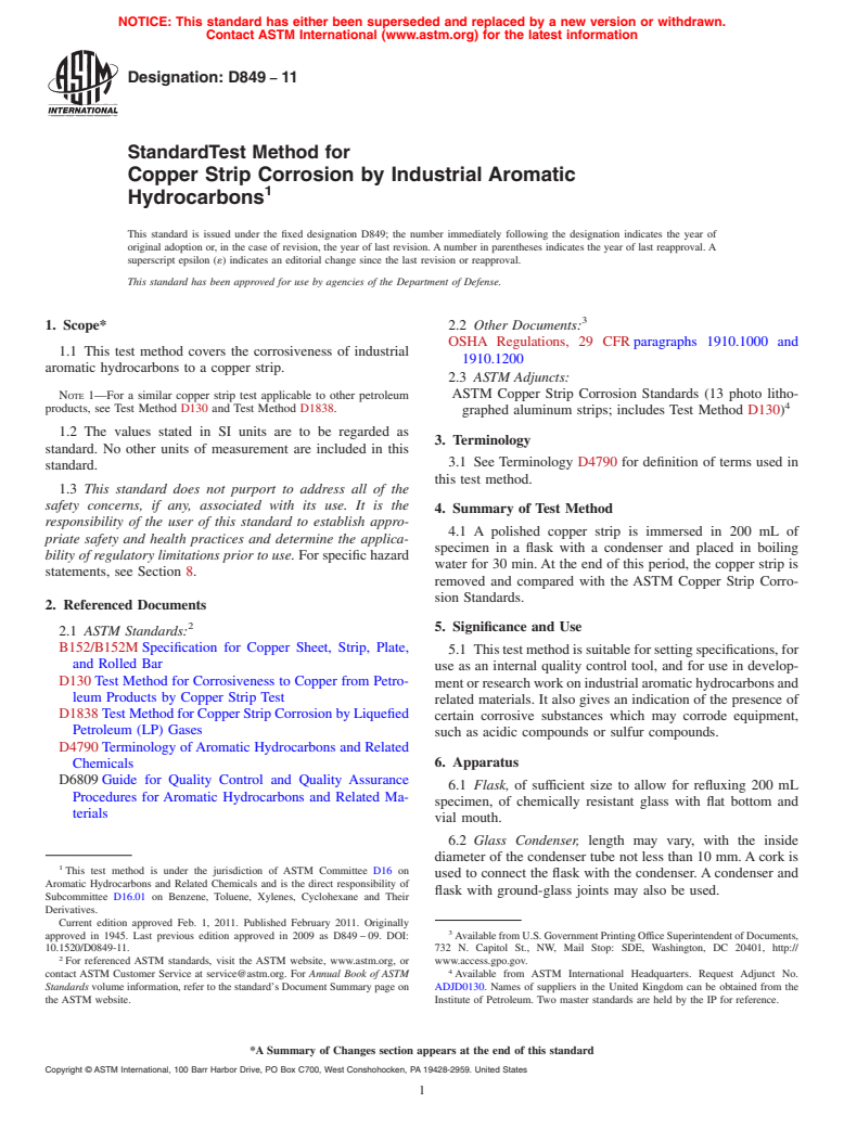 ASTM D849-11 - Standard Test Method for Copper Strip Corrosion by Industrial Aromatic Hydrocarbons