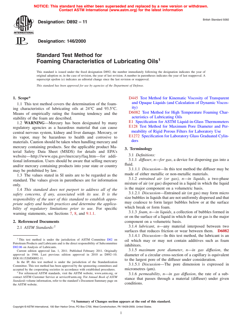 ASTM D892-11 - Standard Test Method for Foaming Characteristics of Lubricating Oils