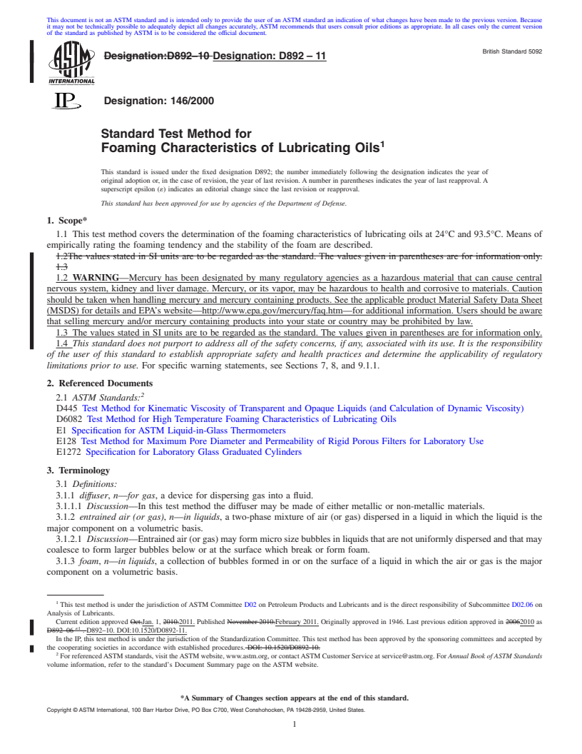 REDLINE ASTM D892-11 - Standard Test Method for Foaming Characteristics of Lubricating Oils