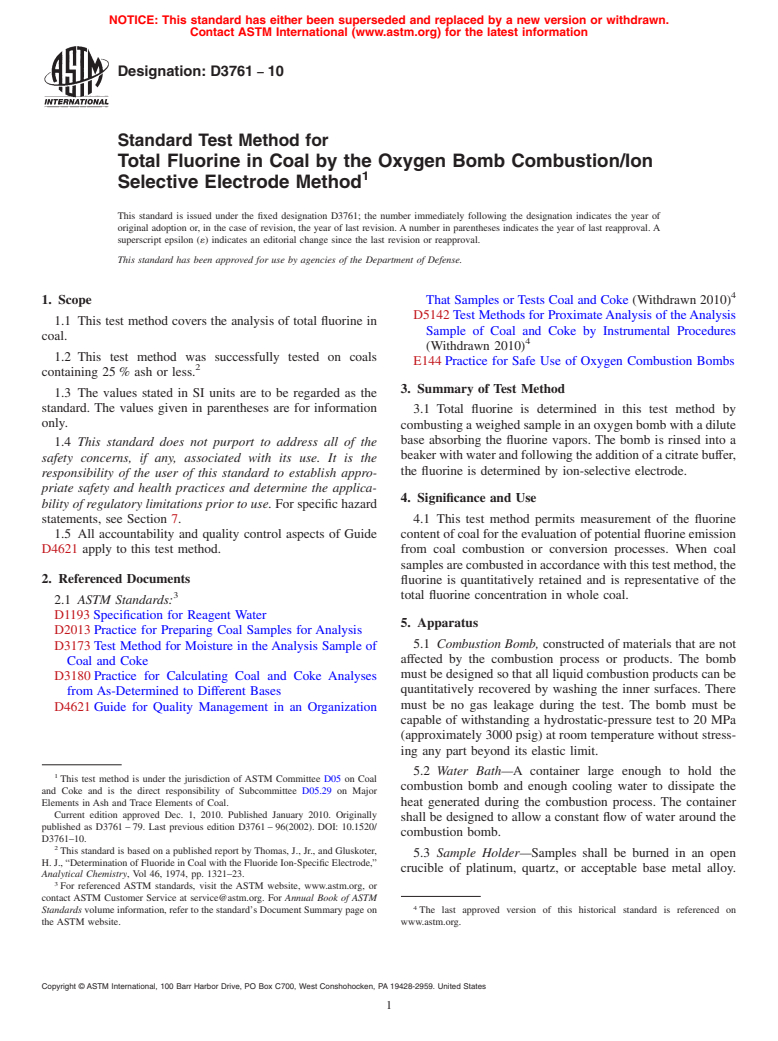 ASTM D3761-10 - Standard Test Method for Total Fluorine in Coal by the Oxygen Bomb Combustion/Ion Selective Electrode Method (Withdrawn 2019)