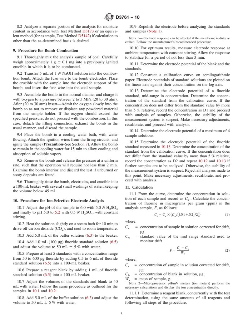 ASTM D3761-10 - Standard Test Method for Total Fluorine in Coal by the Oxygen Bomb Combustion/Ion Selective Electrode Method (Withdrawn 2019)