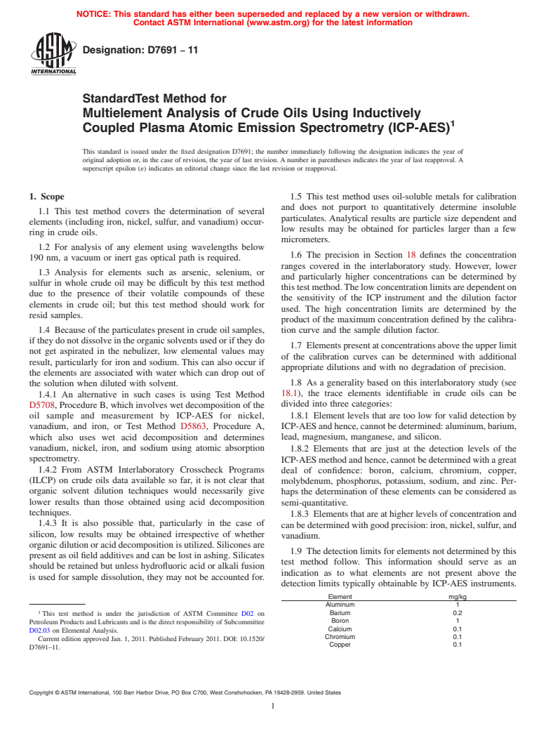 ASTM D7691-11 - Standard Test Method for Multielement Analysis of Crude Oils Using Inductively Coupled Plasma Atomic Emission Spectrometry (ICP-AES)