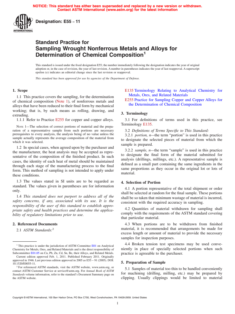 ASTM E55-11 - Standard Practice for Sampling Wrought Nonferrous Metals and Alloys for Determination of Chemical Composition