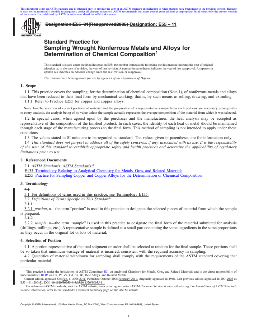 REDLINE ASTM E55-11 - Standard Practice for Sampling Wrought Nonferrous Metals and Alloys for Determination of Chemical Composition