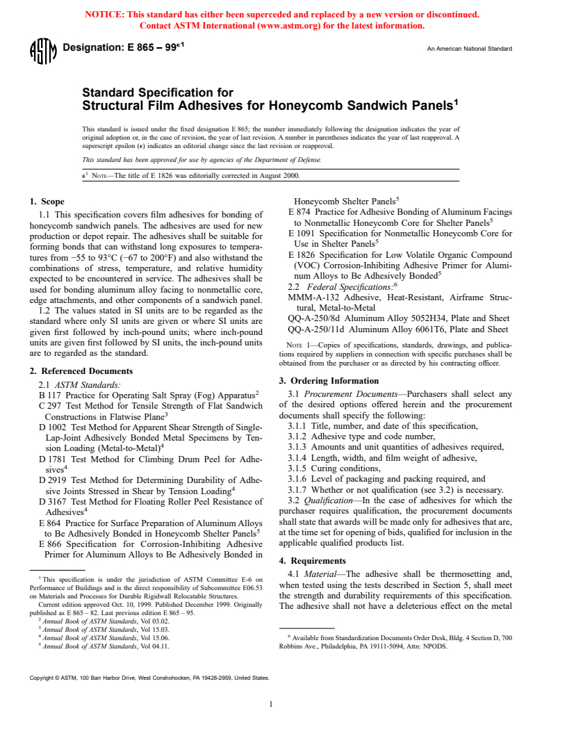 ASTM E865-99e1 - Standard Specification for Structural Film Adhesives for Honeycomb Sandwich Panels