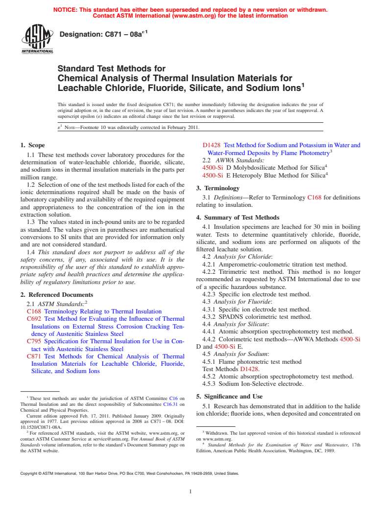 ASTM C871-08ae1 - Standard Test Methods for  Chemical Analysis of Thermal Insulation Materials for Leachable Chloride, Fluoride, Silicate, and Sodium Ions