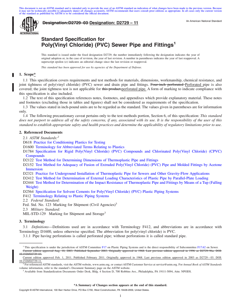 REDLINE ASTM D2729-11 - Standard Specification for Poly(Vinyl Chloride) (PVC) Sewer Pipe and Fittings